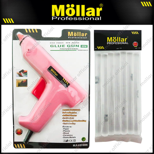 PAKET MOLLAR Glue Gun 80 Watt Pink & 7 Pcs Refill Lem Tembak Besar