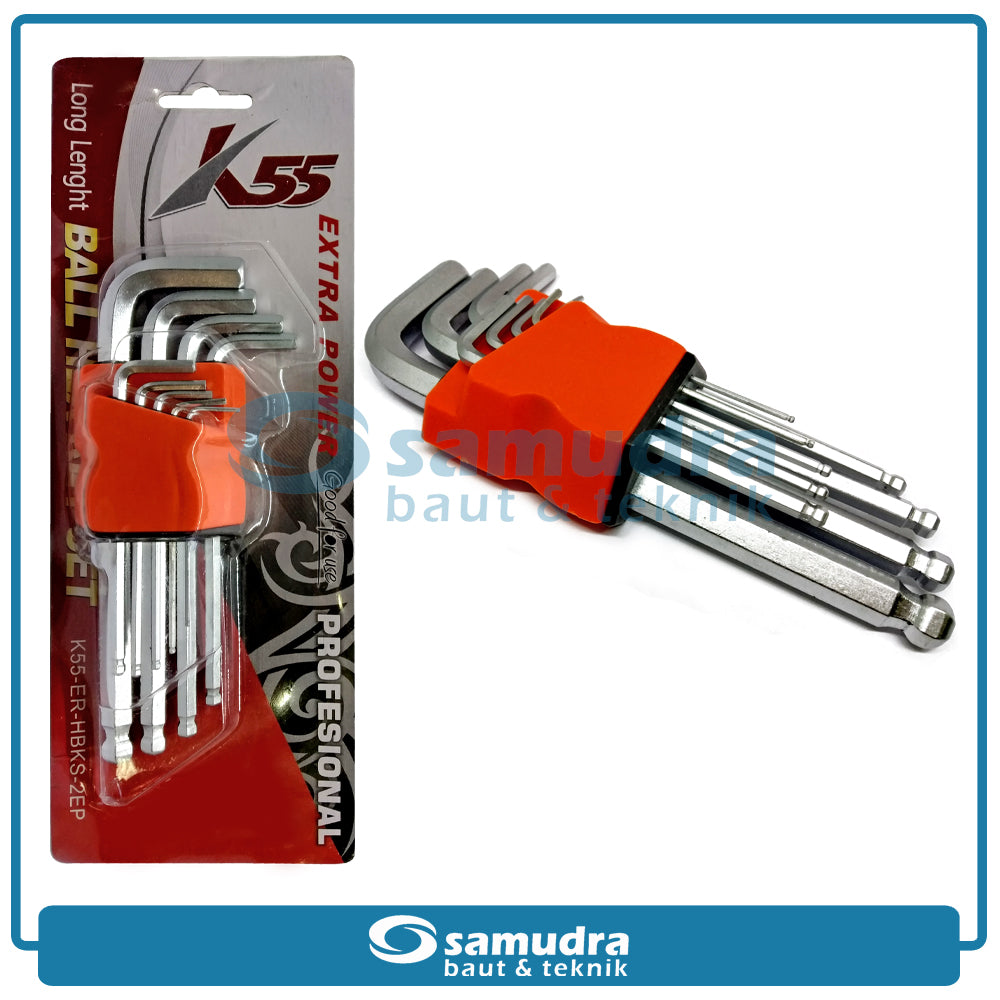 K55 ER-HBKS-2EP Kunci L Set Panjang 9 Pcs Long Ballpoint 1.5-10 mm