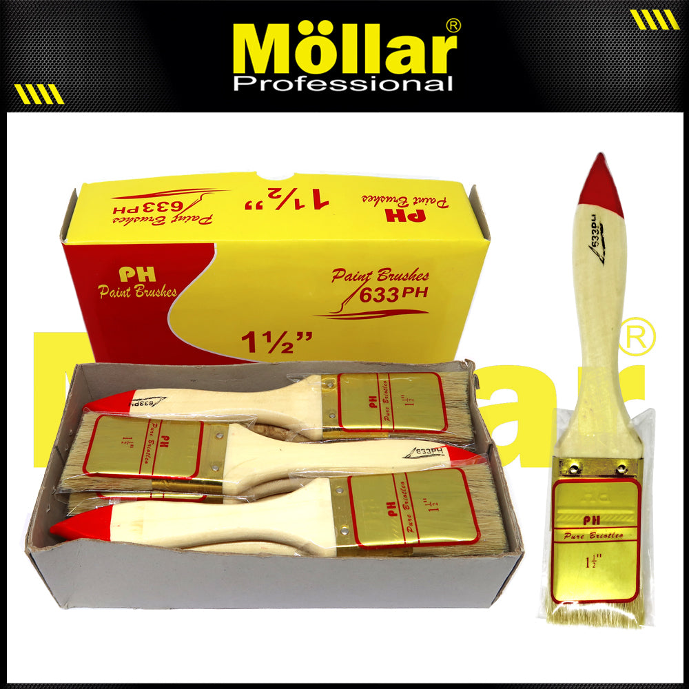 PINEHILL PH-633 1 Pak 12 Pcs Kuas Cat 1.5 Inch Gagang Kayu Koas Kwas Cat Tembok