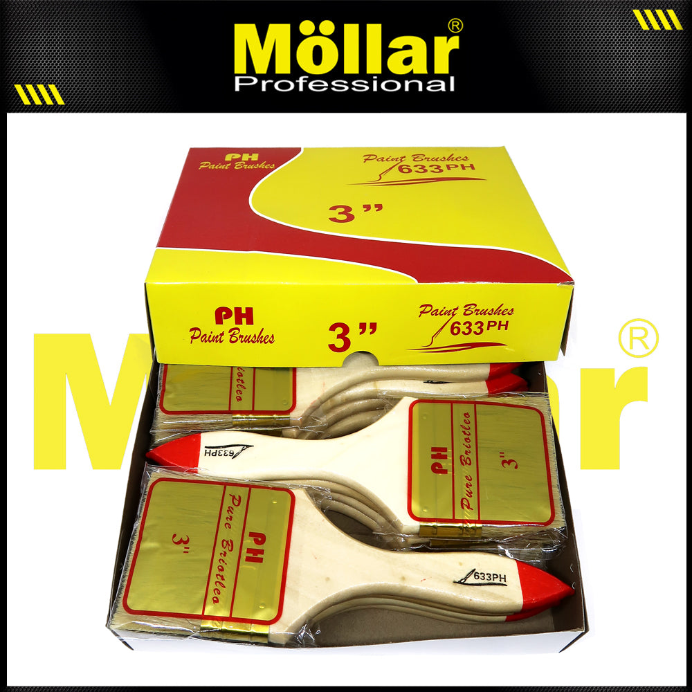 PINEHILL PH-633 1 Pak 12 Pcs Kuas Cat 3 Inch Gagang Kayu Koas Kwas Cat Tembok