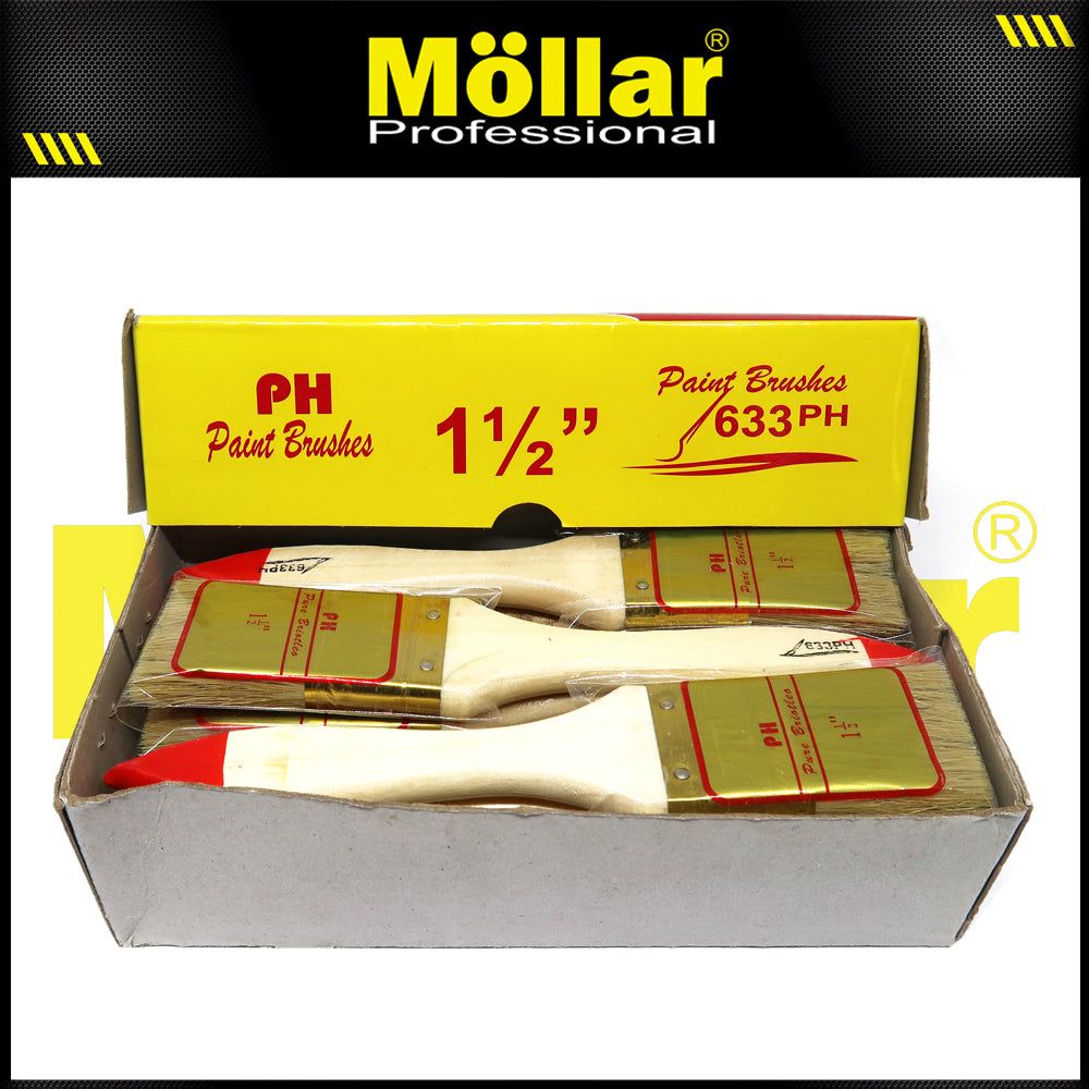 PINEHILL PH-633 1 Pak 12 Pcs Kuas Cat 1.5 Inch Gagang Kayu Koas Kwas Cat Tembok
