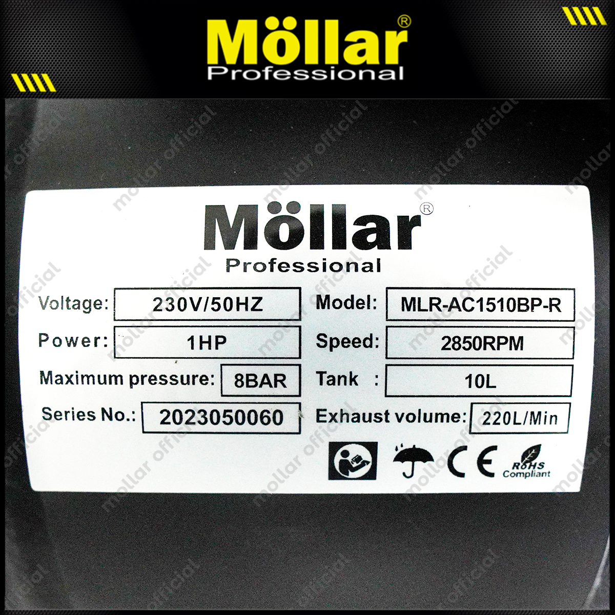 MOLLAR MLR-AC-1510BP Mesin Kompresor Angin Oilless 1 HP 10 Liter Black Panther
