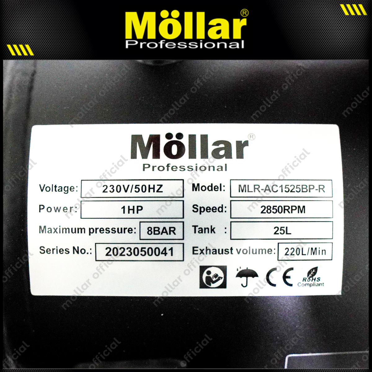 MOLLAR MLR-AC-1525BP Mesin Kompresor Angin Oilless 1 HP 25 Liter Black Panther