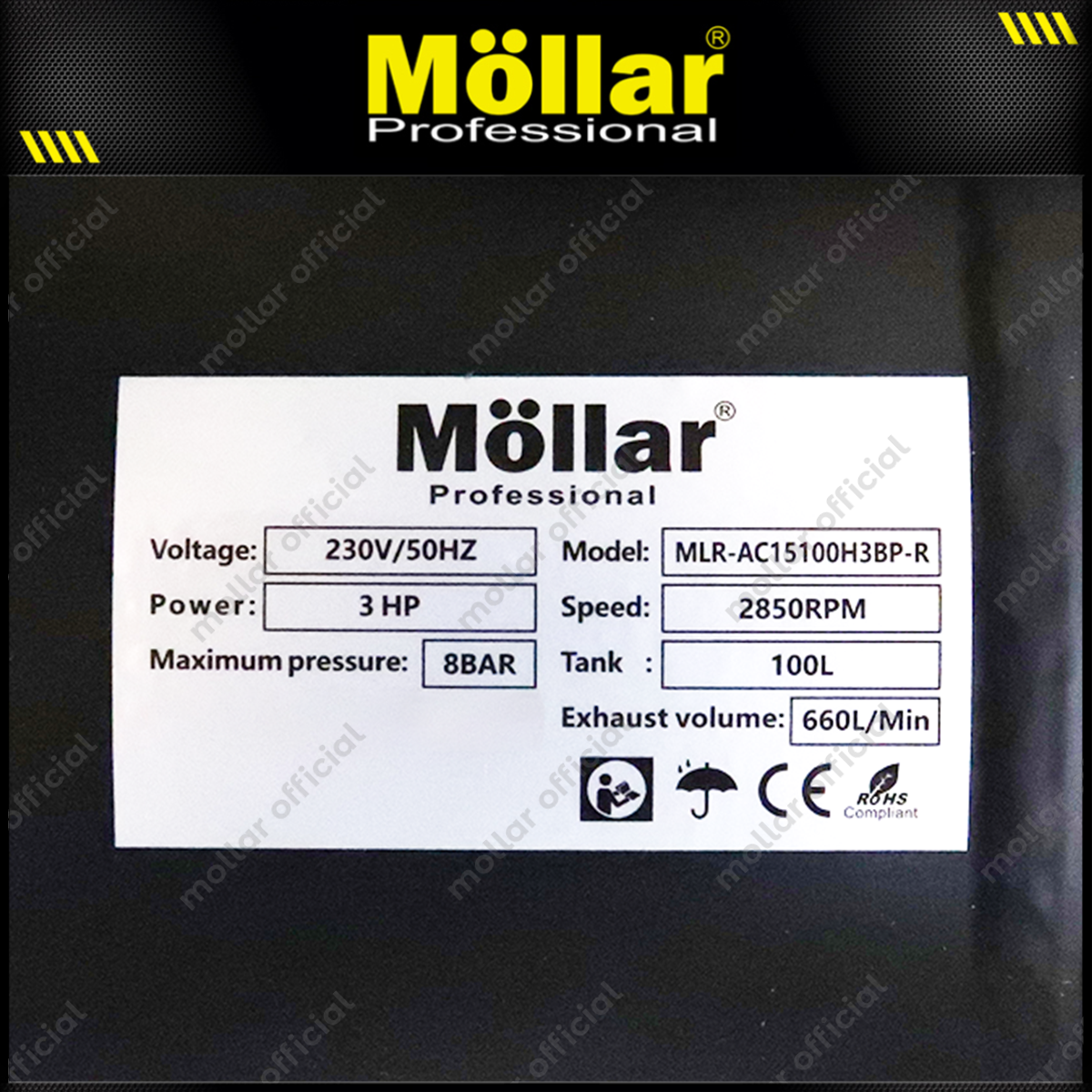 MOLLAR MLR-AC15100H3BP-R Mesin Kompresor Angin Oilless 3x1 HP 100 Liter Black Panther