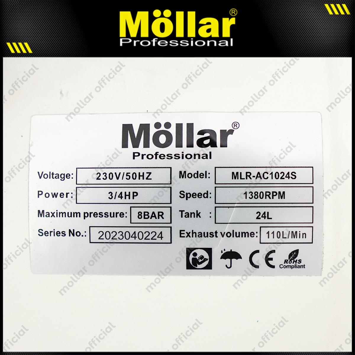 MOLLAR MLR-AC-1024S Mesin Kompresor Listrik Oilless 3/4 HP 24 Liter