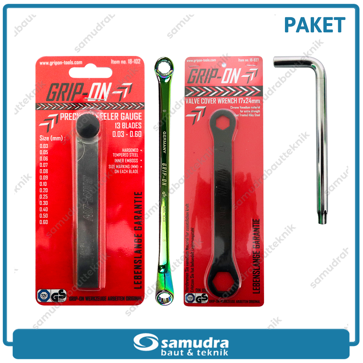 Paket 4 Set GRIP-ON 18-825NB Kunci Stel Klep T40 + GRIP-ON Kunci Ring 8 x 9 mm Titanium + GRIP-ON 18-102 Feeler Gauge + GRIP-ON 18-827 Kunci Tutup Klep Luru
