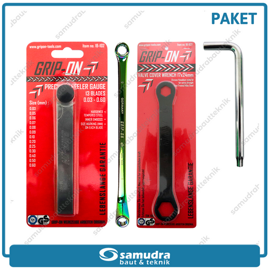 Paket 4 Set GRIP-ON 18-825NB Kunci Stel Klep T40 + GRIP-ON Kunci Ring 8 x 9 mm Titanium + GRIP-ON 18-102 Feeler Gauge + GRIP-ON 18-827 Kunci Tutup Klep Luru
