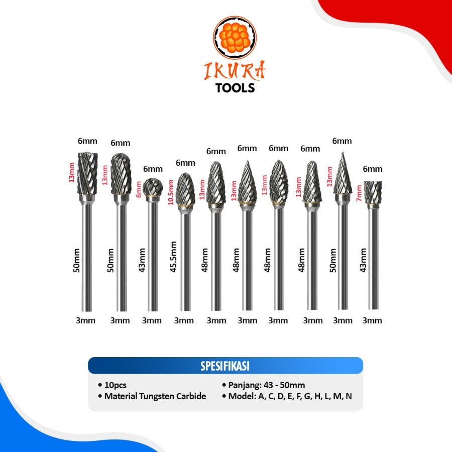 IKURA IKR-RFS202 Mata Bor Tuner Pendek Set 10 pcs / Rotary File Set Short