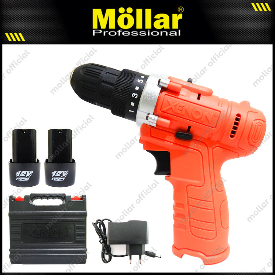 XENON CDD500 Mesin Bor Cas Charger 12V Cordless Drill 2 Baterai