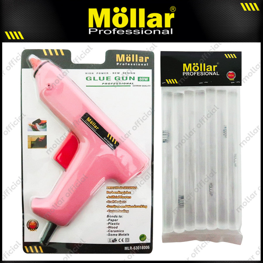 PAKET MOLLAR Glue Gun 80 Watt Pink & 7 Pcs Refill Lem Tembak Besar