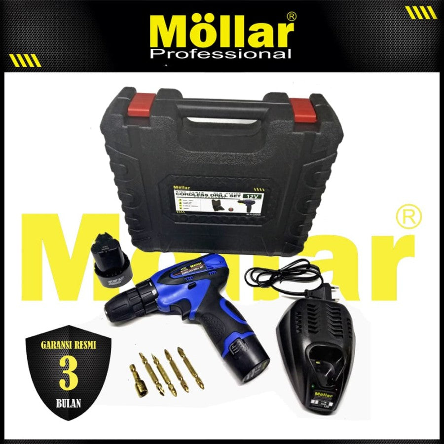 MOLLAR CDD35 Mesin Bor Cas Charger 12V Cordless Drill Set 2 Baterai