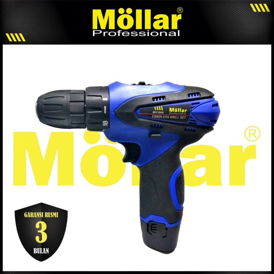 MOLLAR CDD35 Mesin Bor Cas Charger 12V Cordless Drill Set 2 Baterai