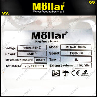 MOLLAR MLR-AC-1008S Mesin Kompresor Listrik Oilless 3/4 HP 8 Liter