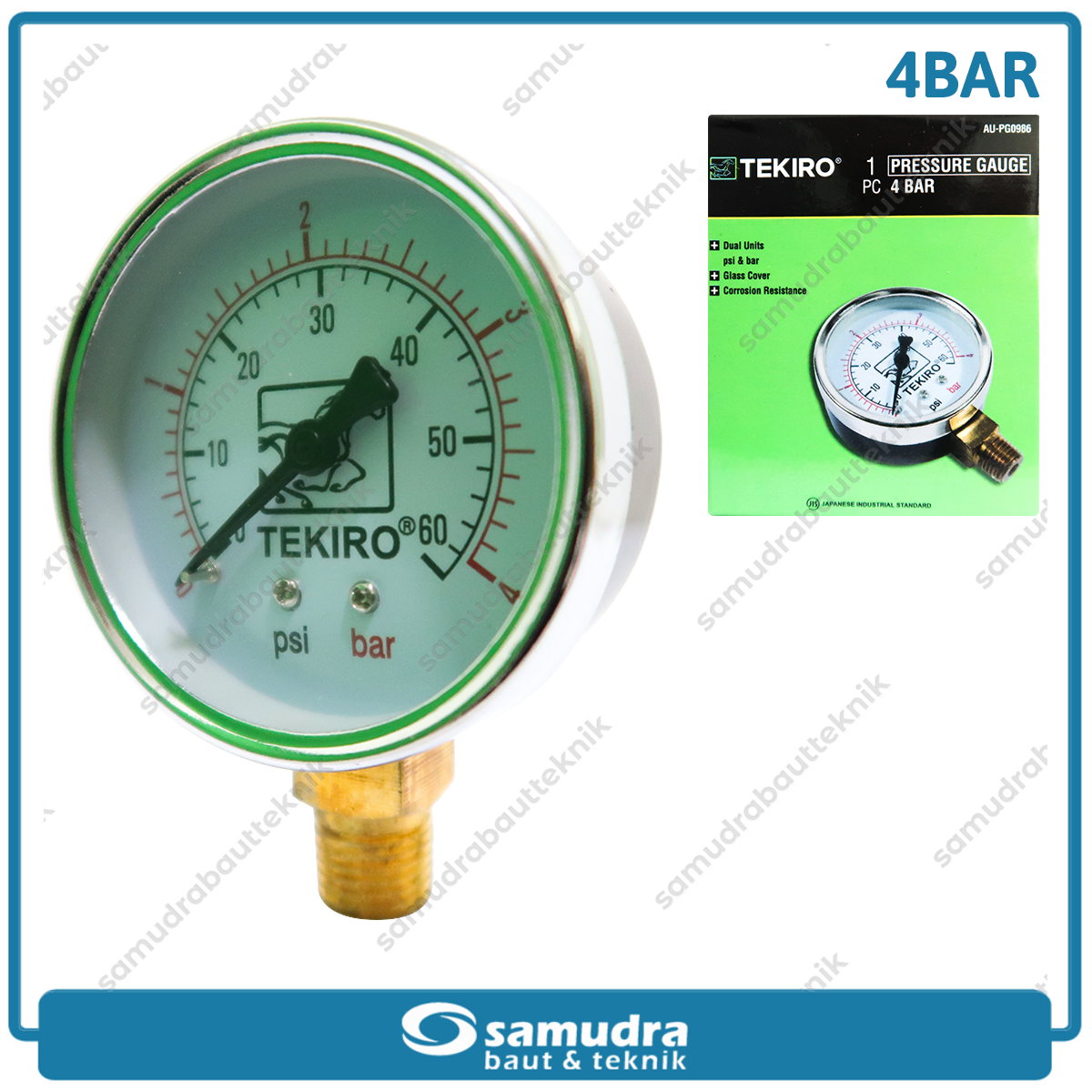 TEKIRO AU-PG0986 Alat Ukur Tekanan Angin 2.5" Lonceng 4 bar