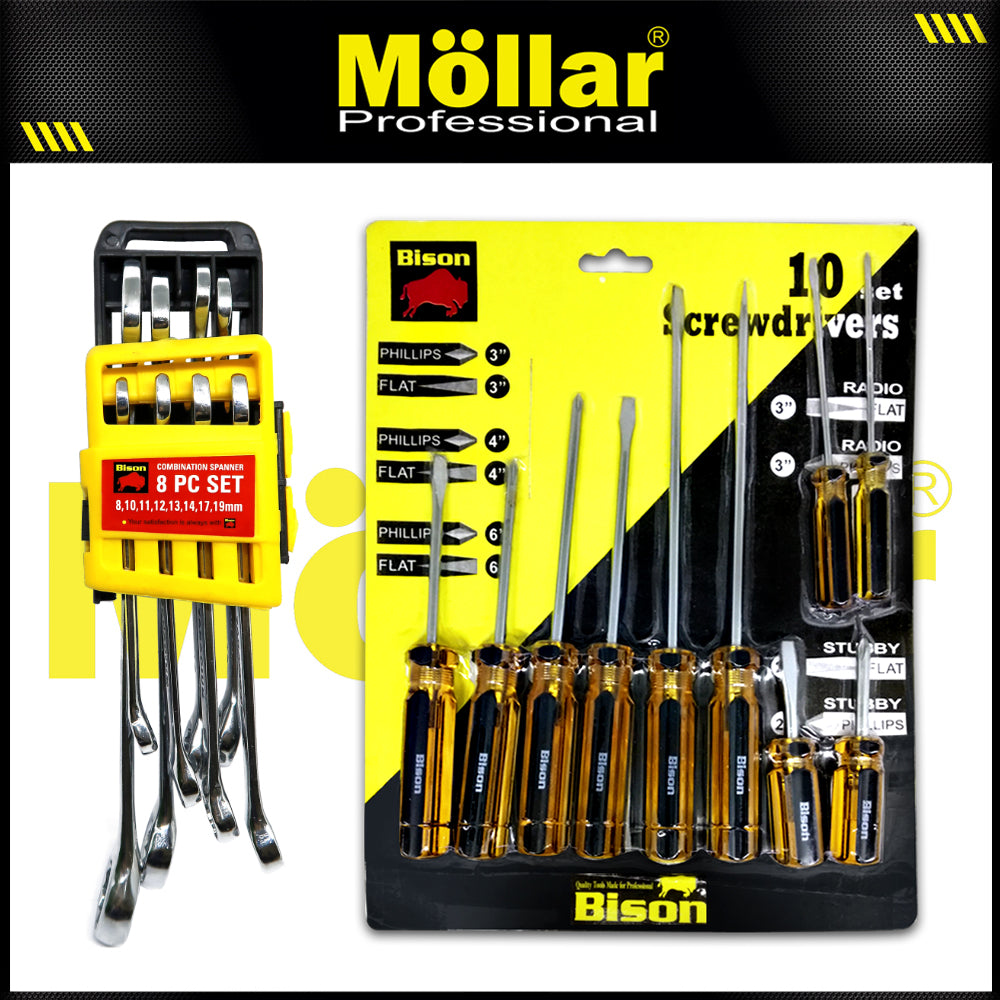 (PAKET) BISON 8-19 Mm Kunci Ring Pas Set 8 Pc + Bsn 10 Pc Obeng Radio Plus Min