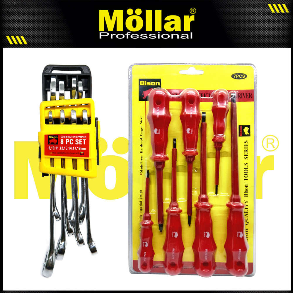 (PAKET) BISON 8-19 Kunci Ring Pas Set 8 Pc + Bsn 7 Pc Obeng Listrik Plus Minus