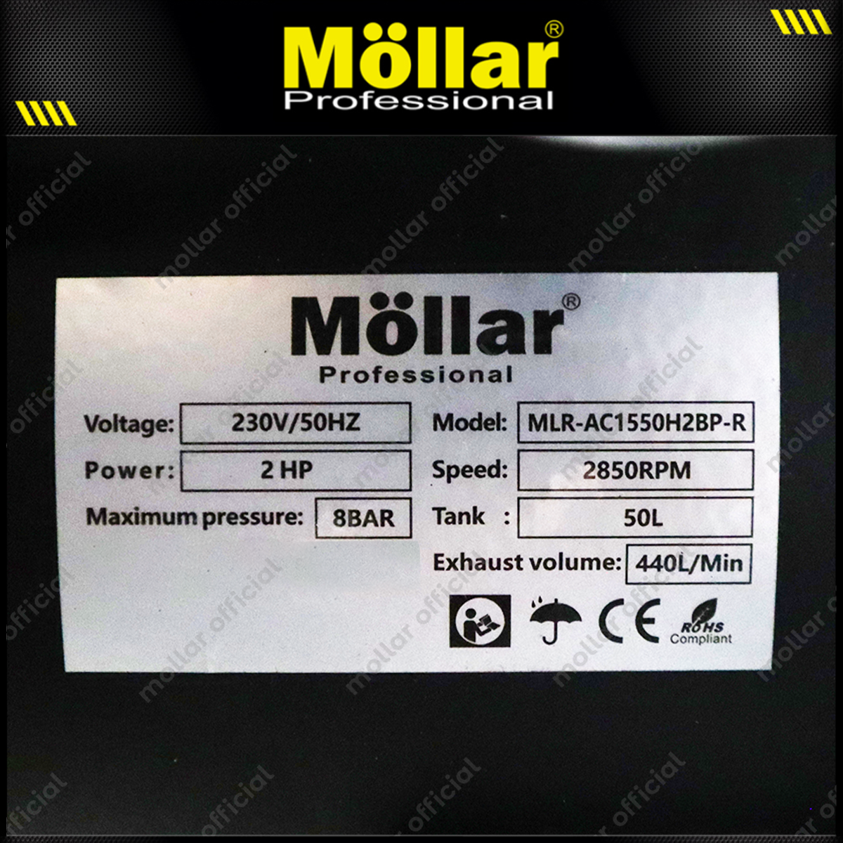 MOLLAR MLR-AC1550H2BP-R Mesin Kompresor Angin Oilless 2x1 HP 50 Liter Black Panther