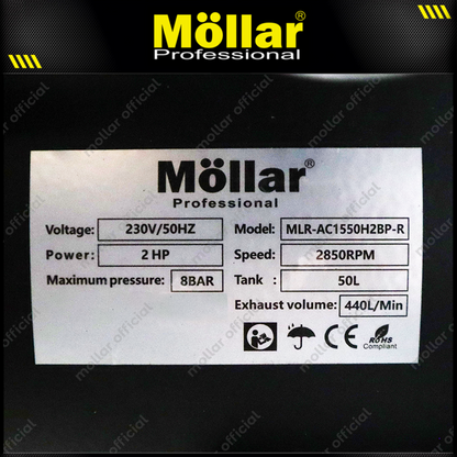 MOLLAR MLR-AC1550H2BP-R Mesin Kompresor Angin Oilless 2x1 HP 50 Liter Black Panther