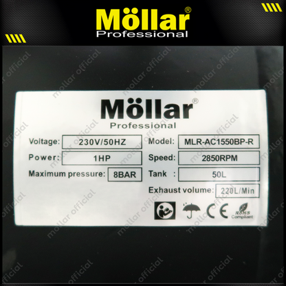 MOLLAR MLR-AC-1550BP Mesin Kompresor Angin Oilless 1 HP 50 Liter Black Panther