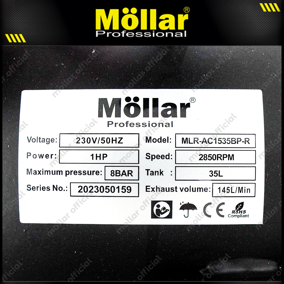 MOLLAR MLR-AC-1535BP Mesin Kompresor Angin Oilless 1 HP 35 Liter Black Panther