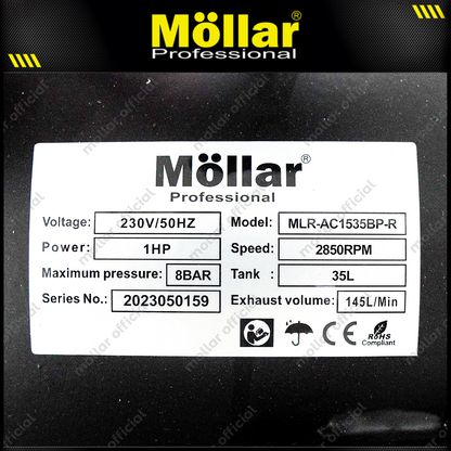 MOLLAR MLR-AC-1535BP Mesin Kompresor Angin Oilless 1 HP 35 Liter Black Panther