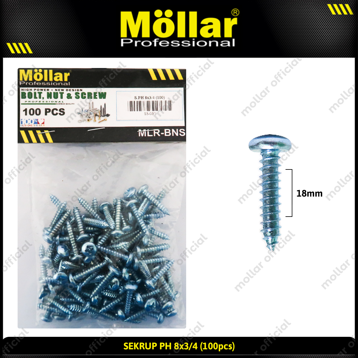 MOLLAR 93-031 Sekrup PH 8 x 3/4 - 100 pcs