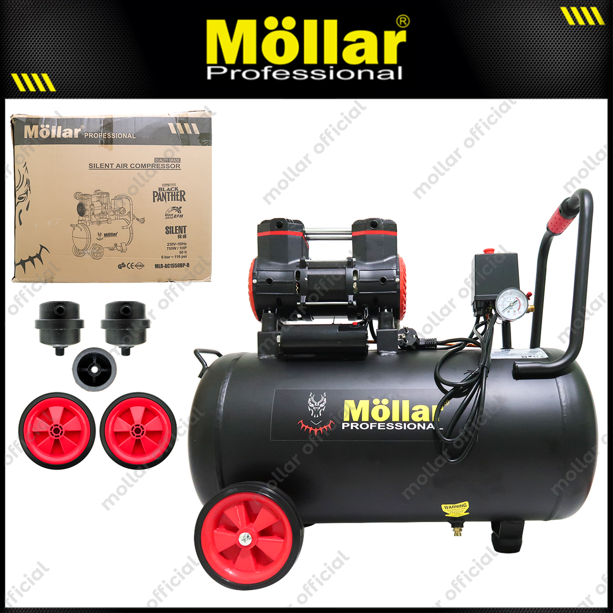 MOLLAR MLR-AC-1550BP Mesin Kompresor Angin Oilless 1 HP 50 Liter Black Panther
