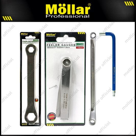 [PAKET] 4 Set MOLLAR Kunci Stel Klep T40 + MOLLAR Kunci Ring 8 x 9 mm + MOLLAR Feeler Gauge 17 blades + MOLLAR Kunci Tutup Klep Lurus 17x24 mm