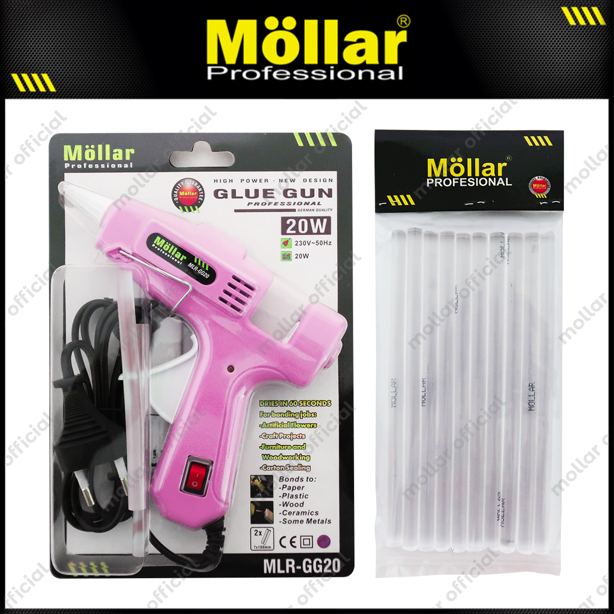 [PAKET] MOLLAR Alat Lem Tembak Pink 20 Watt & 10 Pcs Refill Glue Gun