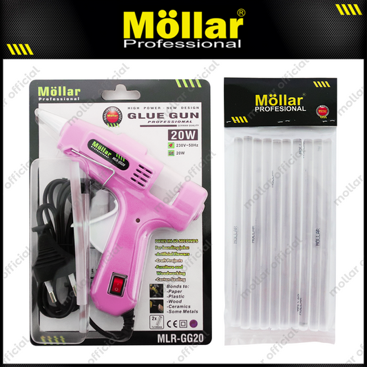 [PAKET] MOLLAR Alat Lem Tembak Pink 20 Watt & 10 Pcs Refill Glue Gun