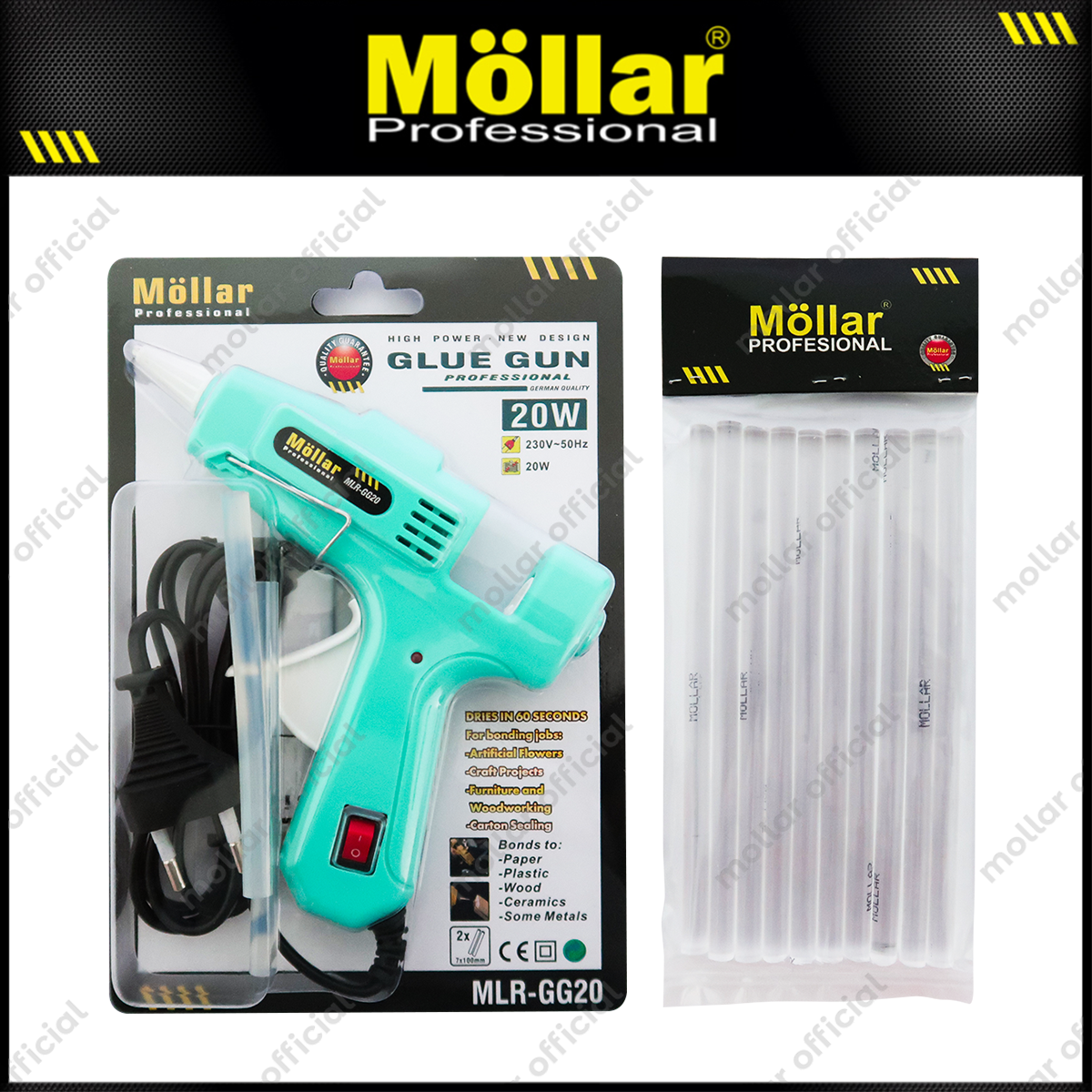 [PAKET] MOLLAR Alat Lem Tembak Biru 20 Watt & 10 Pcs Refill Glue Gun