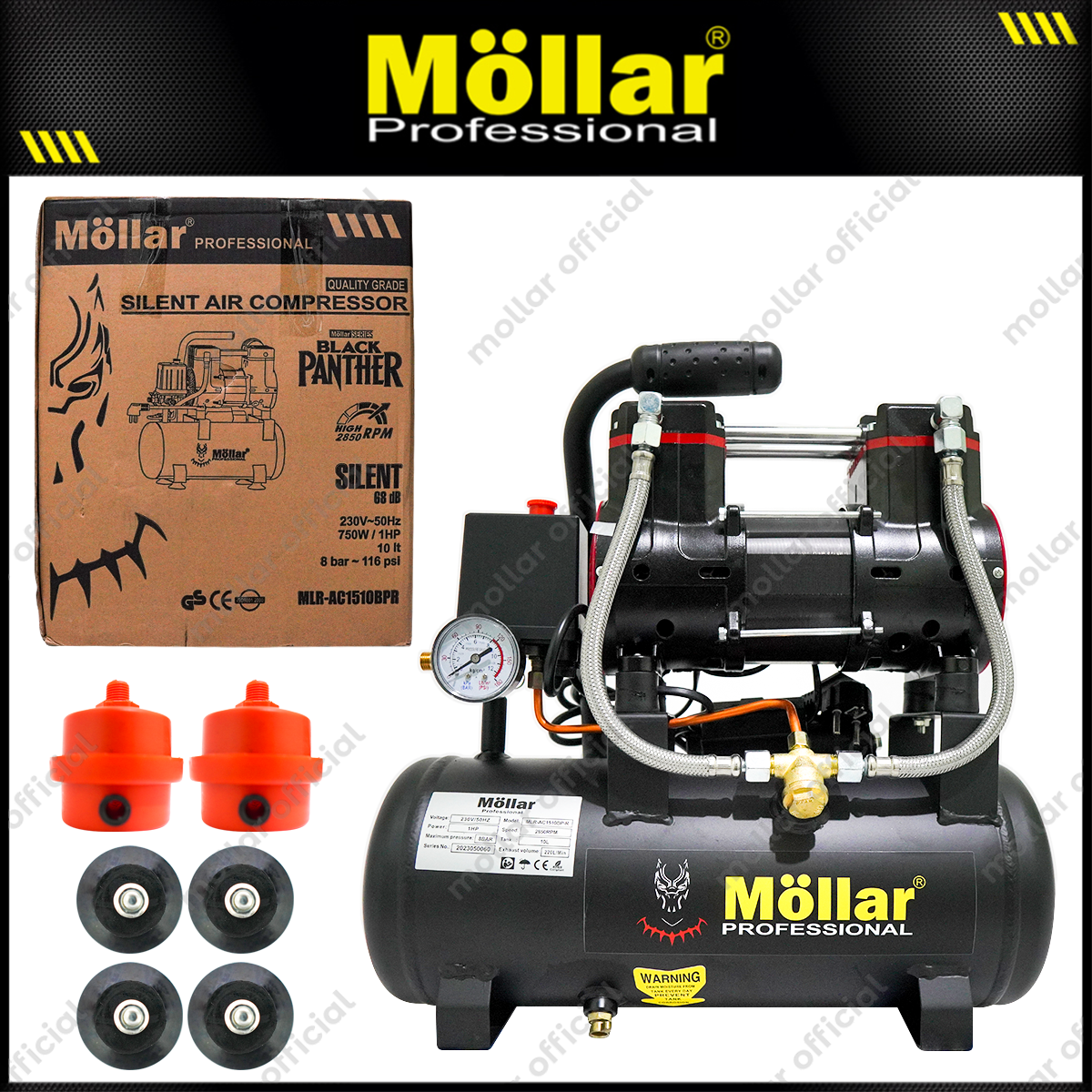 MOLLAR MLR-AC-1510BP Mesin Kompresor Angin Oilless 1 HP 10 Liter Black Panther