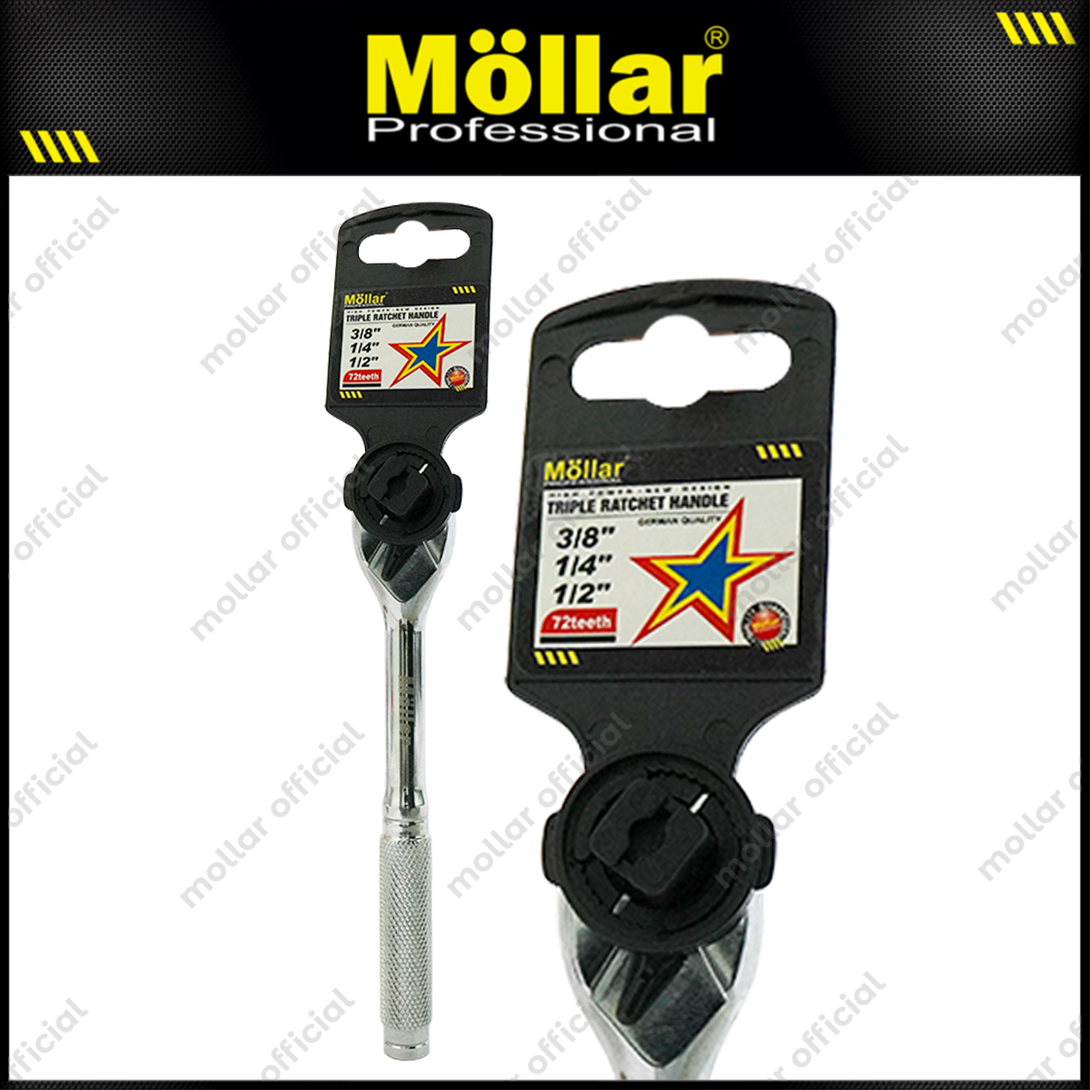 MOLLAR Gagang Sok Rachet 1/2" 3/8" 1/4"x72T / Kunci Stang Ratchet