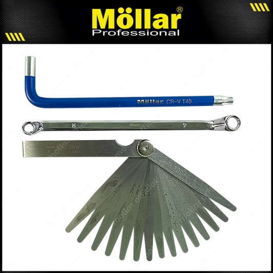 [PAKET] 4 Set MOLLAR Kunci Stel Klep T40 + MOLLAR Kunci Ring 8 x 9 mm + MOLLAR Feeler Gauge 17 blades + MOLLAR Kunci Tutup Klep Lurus 17x24 mm