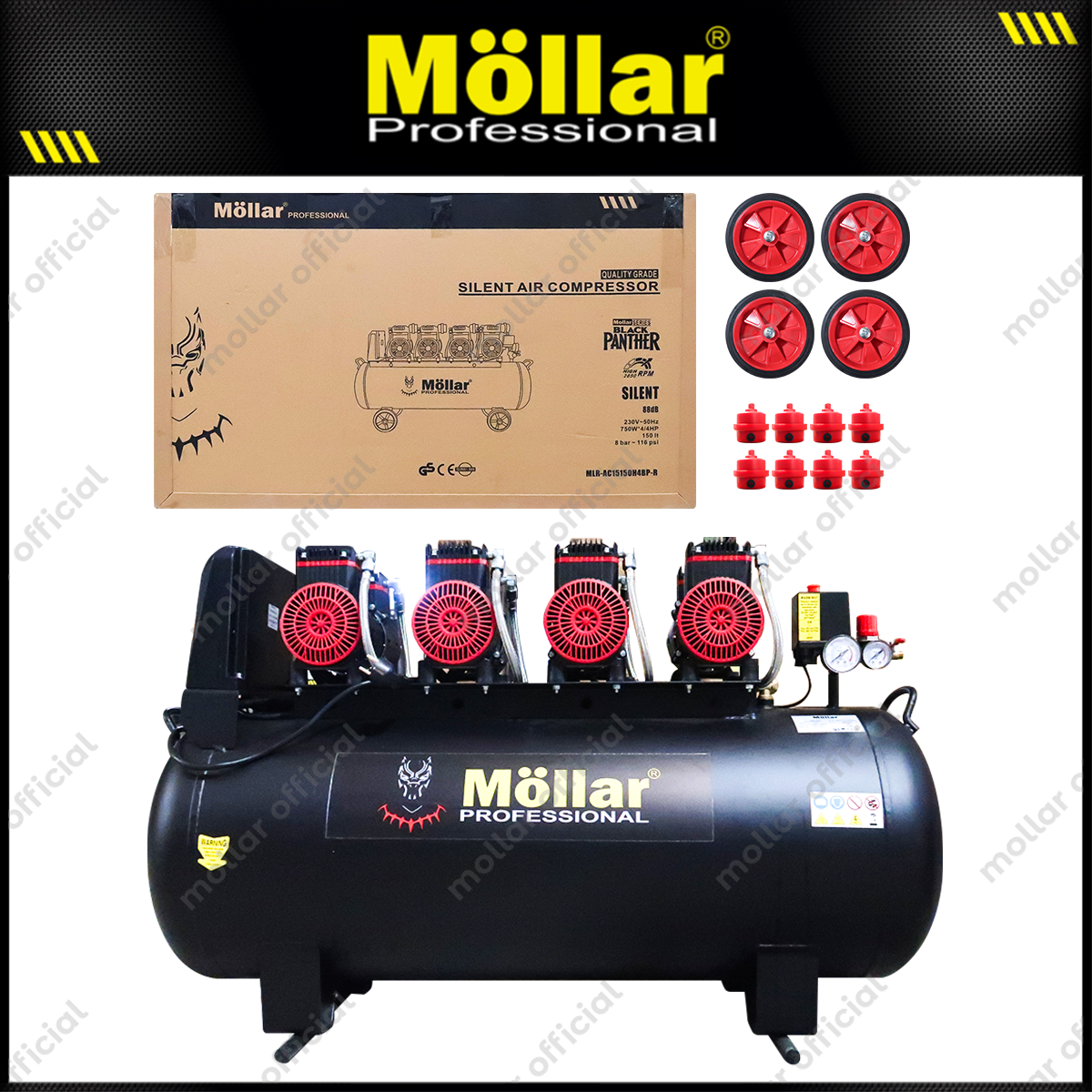 MOLLAR MLR-AC15150H4BP-R Mesin Kompresor Angin Oilless 4x1 HP 150 Liter Black Panther