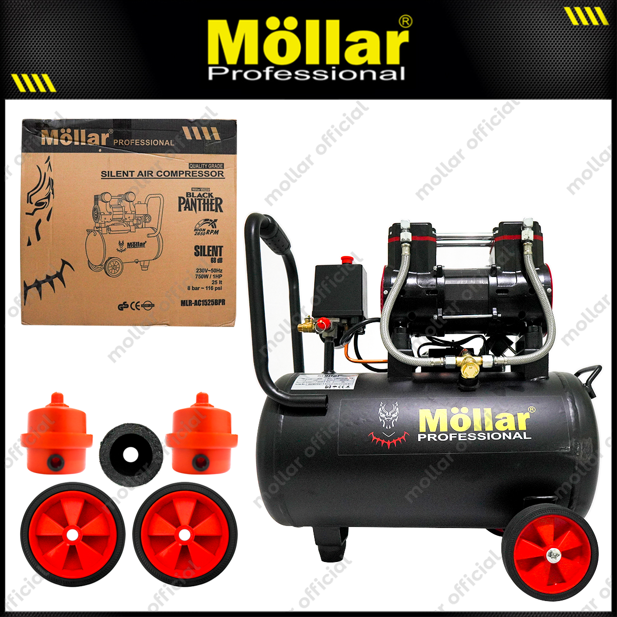 MOLLAR MLR-AC-1525BP Mesin Kompresor Angin Oilless 1 HP 25 Liter Black Panther