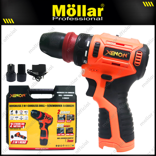 XENON CDDS2I1 Cordless Drill 10 mm + Screwdriver Brushless Baterai 12V