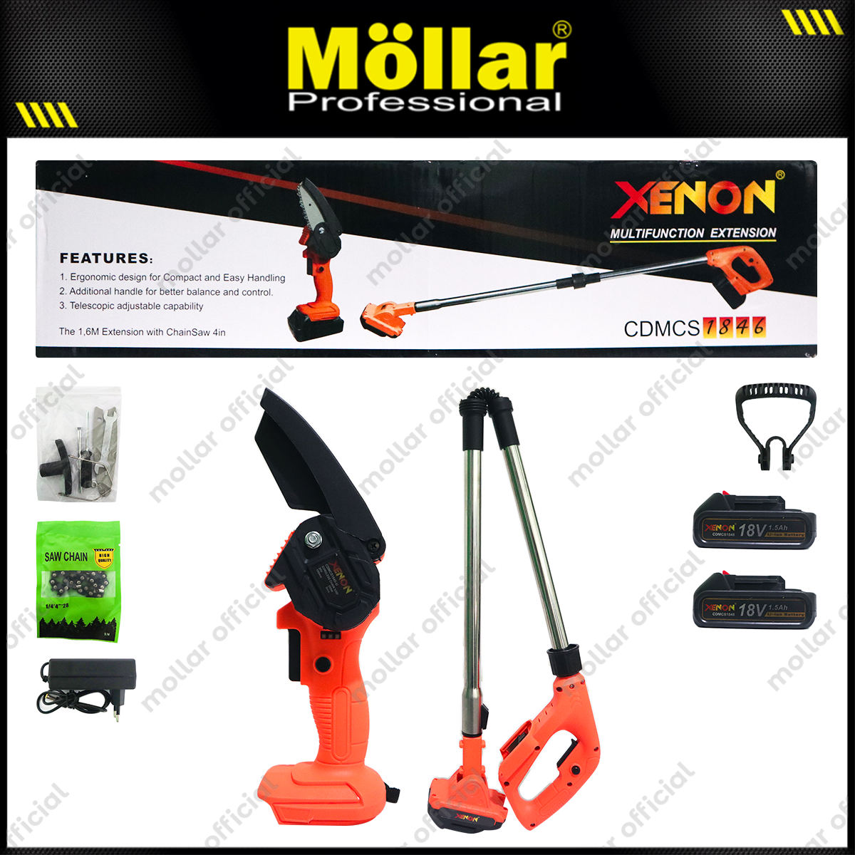 XENON CDMCS1846 Cordless Mini Chain Saw 4" Baterai 18V + Extension