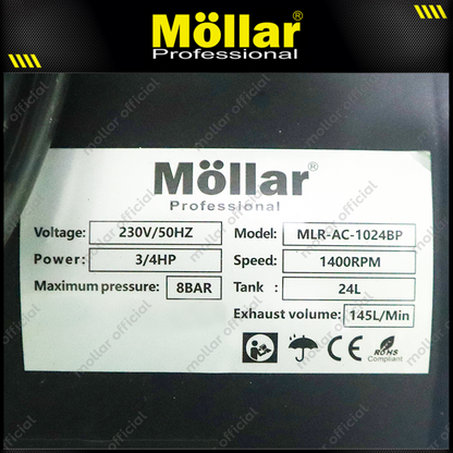 MOLLAR MLR-AC-1024BP Mesin Kompresor Angin Oilless 3/4 HP 24 Liter Black Panther