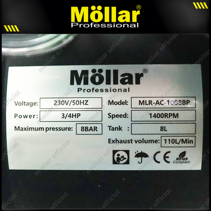MOLLAR MLR-AC-1008BP Mesin Kompresor Angin Oilless 3/4 HP 8 Liter Black Panther