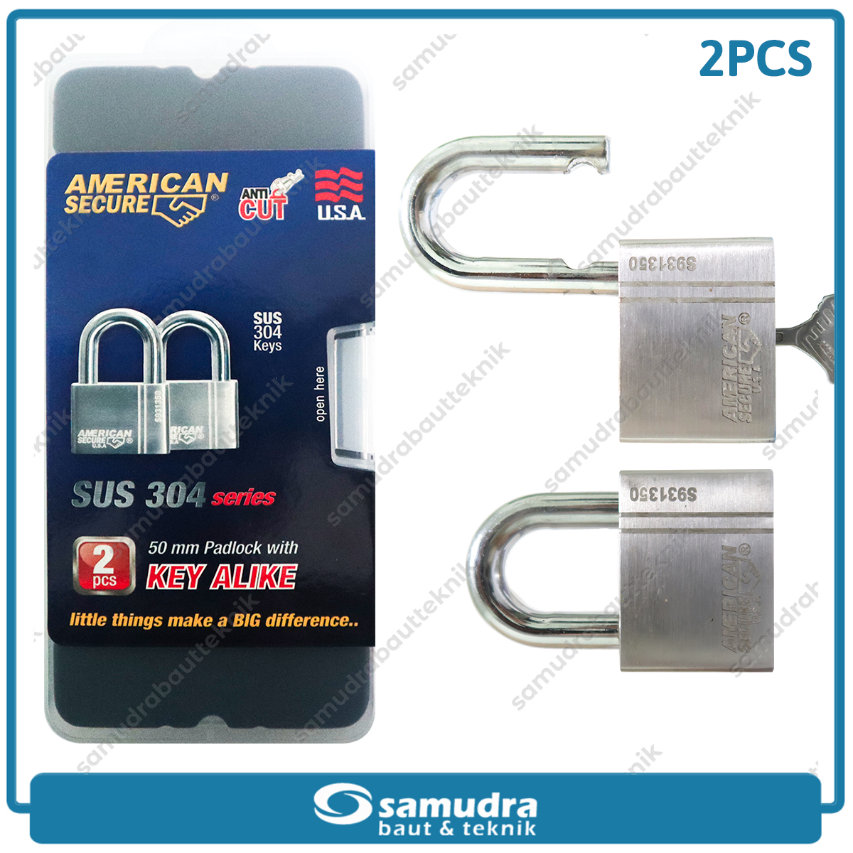 AMERICANSECURE S931350K2 Gembok 50 mm Short Key Alike Set 2 pcs
