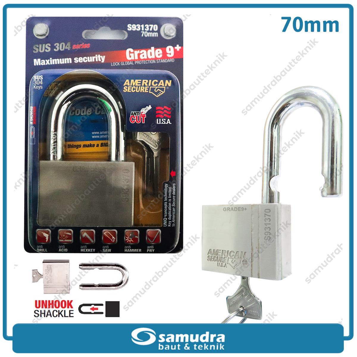 AMERICANSECURE Gembok 70 mm Short / Gembok Leher Pendek