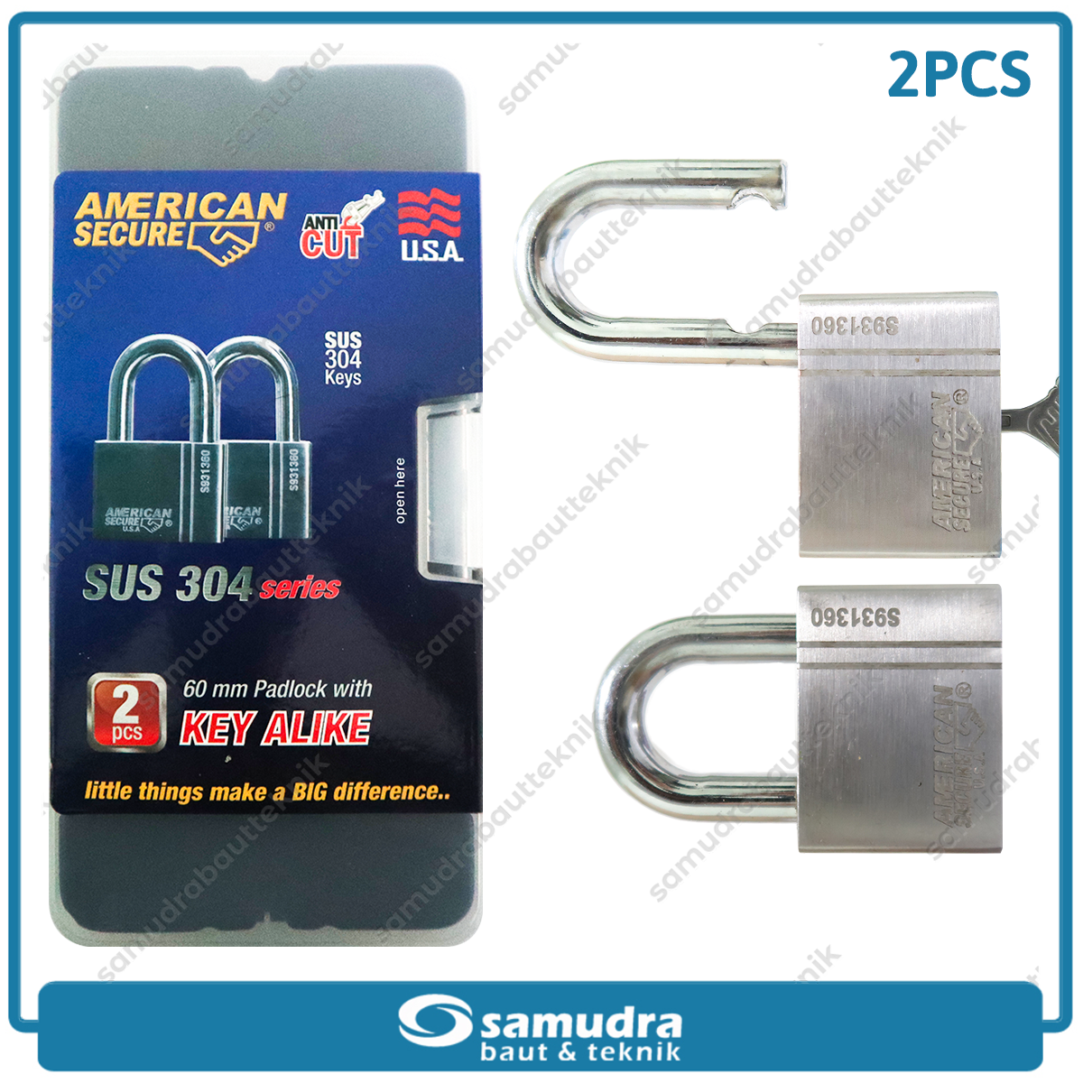 AMERICANSECURE S931360K2 Gembok 60 mm Short Key Alike Set 2 pcs