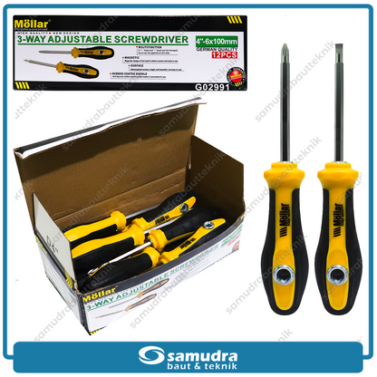 MOLLAR G02991 Obeng 3 Way Gagang Karet 4" - 12 pcs