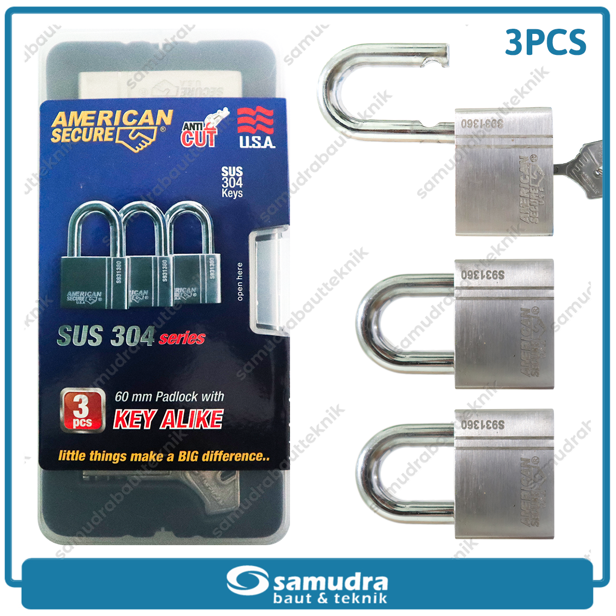 AMERICANSECURE S931360K3 Gembok 60 mm Short Key Alike Set 3 pcs