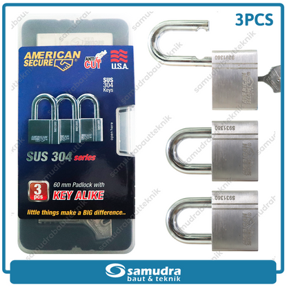 AMERICANSECURE S931360K3 Gembok 60 mm Short Key Alike Set 3 pcs