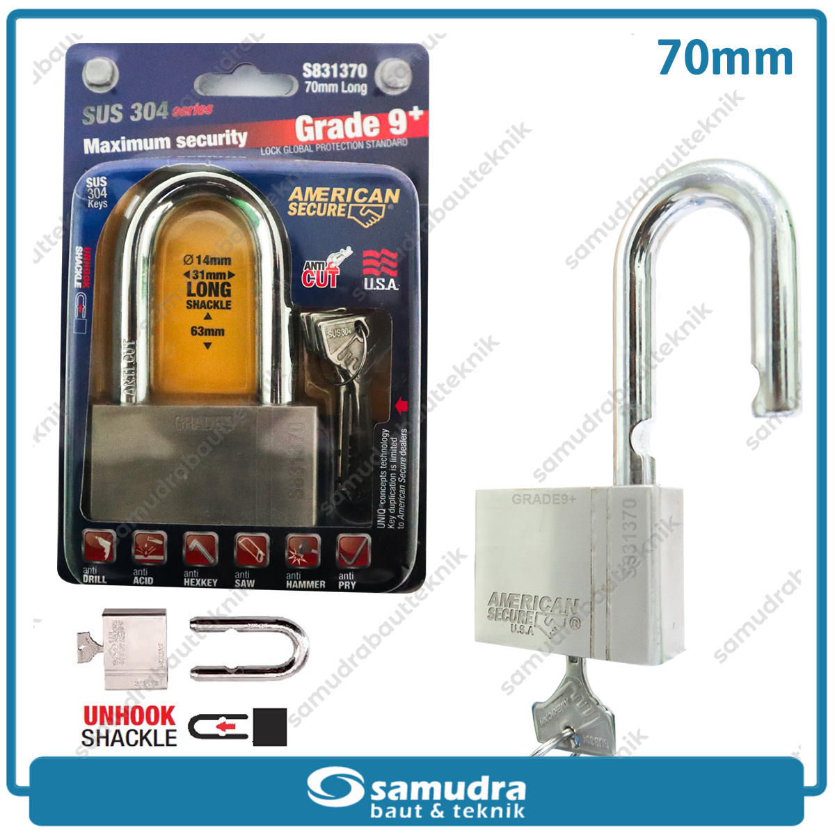 AMERICANSECURE Gembok 70 mm Long / Gembok Leher Panjang