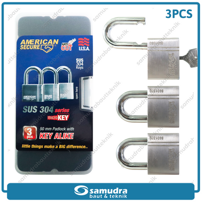 AMERICANSECURE S931350K3 Gembok 50 mm Short Key Alike Set 3 pcs