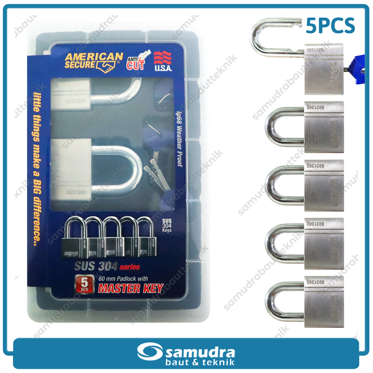 AMERICANSECURE S931360MK5 Gembok 60 mm Short Master Key Set 5 pcs