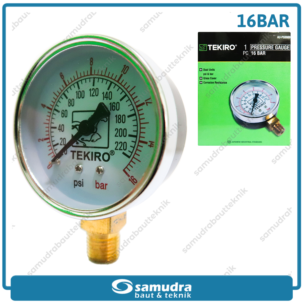 TEKIRO AU-PG0989 Alat Ukur Tekanan Angin 2.5" Lonceng 16 bar